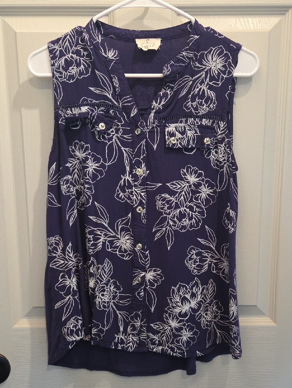 3/$10 Sleeveless Navy Floral Button-Front Tank Top